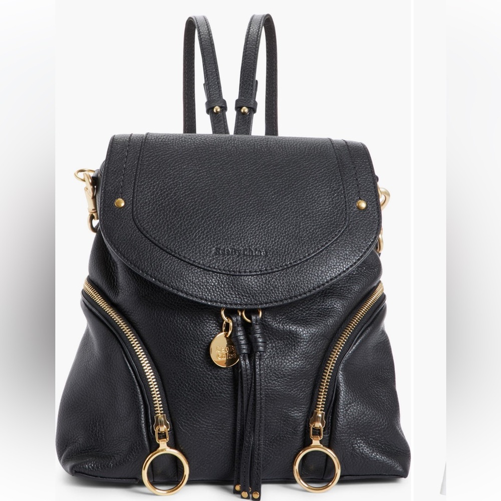 See By Chloe Olga Large Leather Black Backpack with Gold Accents
